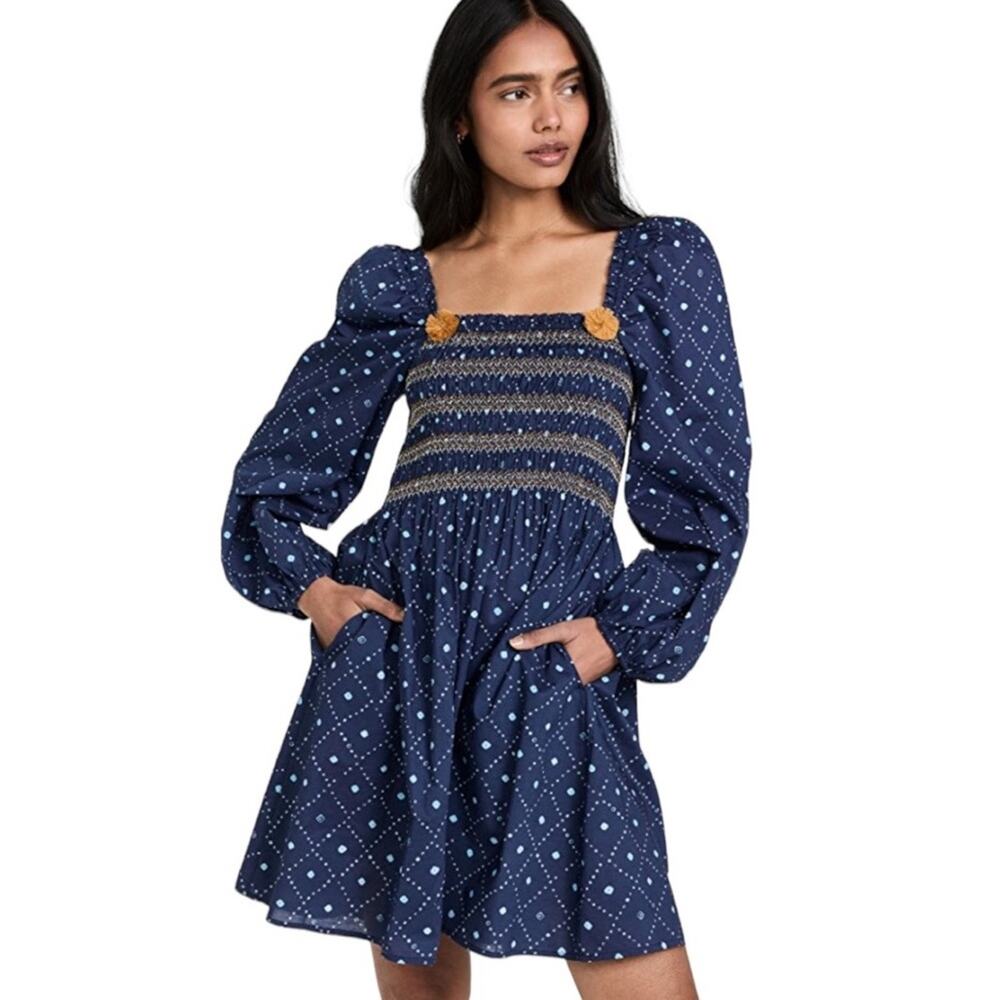 NWT Figue Peony‎ puff sleeve smocked mini Dress sz L